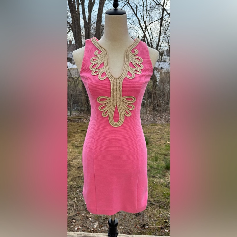 Lilly Pulitzer Janice Shift Dress Size XS Pink/Gold Sleeveless Preppy Party
